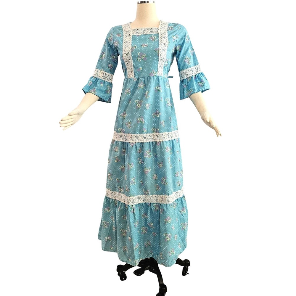 Vintage 70s Sears Blue Floral Lace Prairie Maxi Dress Cottagecore Gown 1970s